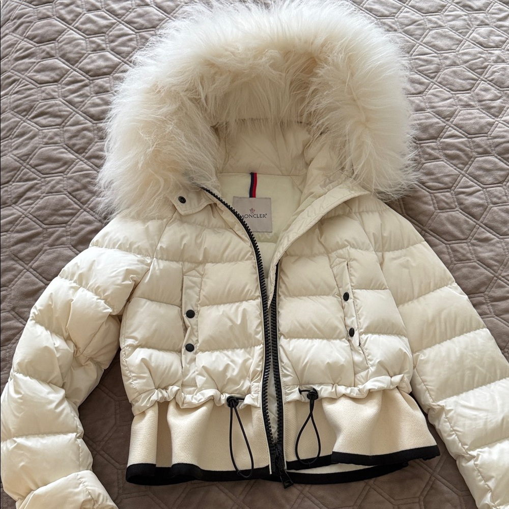 Moncler Cream Puffer Jacket with Fur Trim